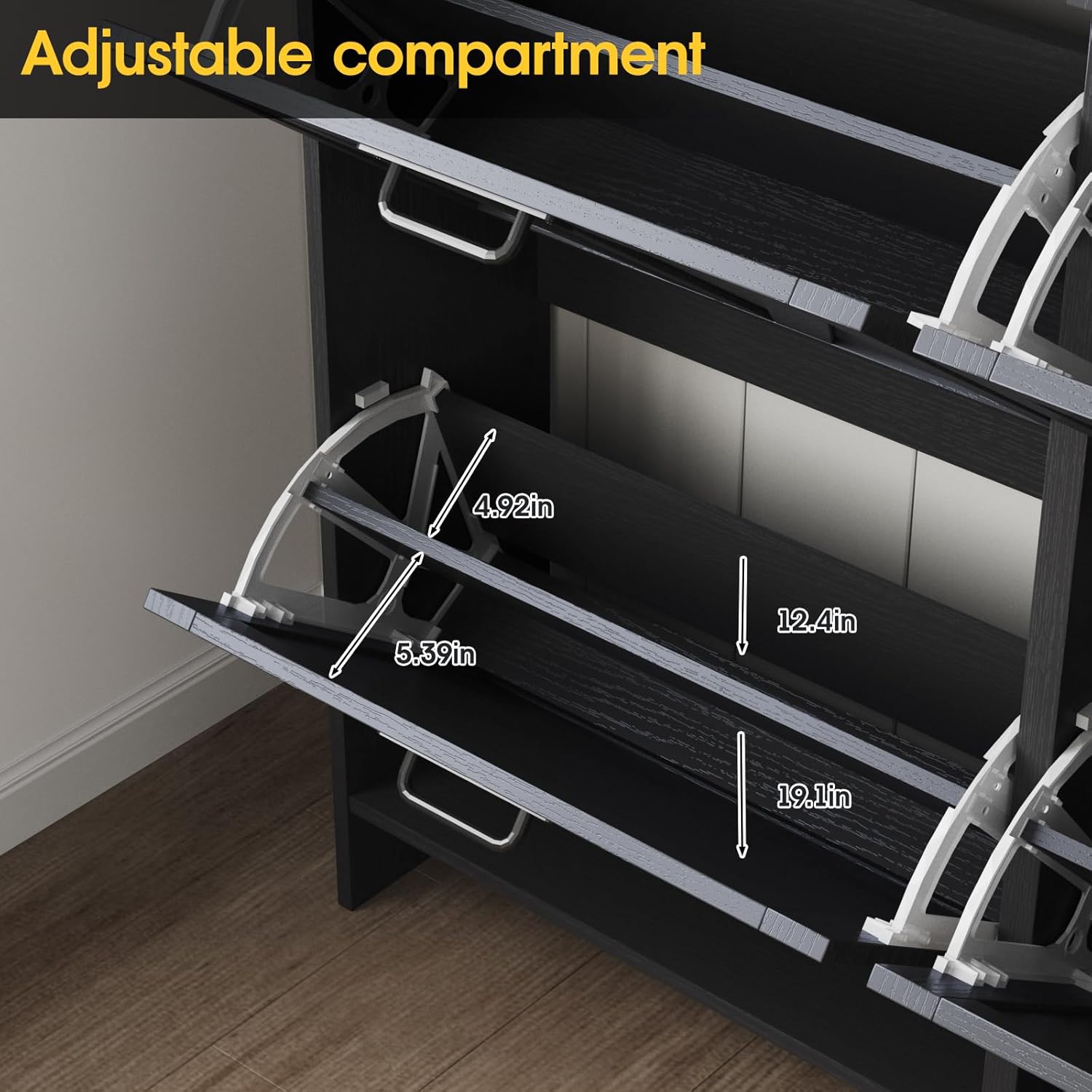 Close-up of an adjustable compartment within a flip drawer, showing measurements for different shoe heights.