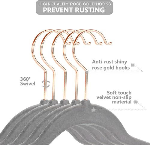 Miniatura 4 de MIZGI Ganchos premium de terciopelo para niños (paquete de 50) con ganchos de cobreoro rosa, ahorro de espacio, ultra-delgados, antideslizantes, uso