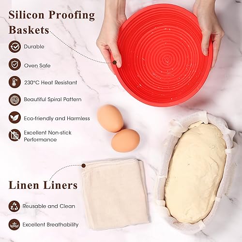 Miniatura 3 de DOQAUS Cesta de pan de masa madre y suministros para hornear, kit para hacer pan que incluye cesta Banneton redonda de silicona de 9 pulgadas y 10