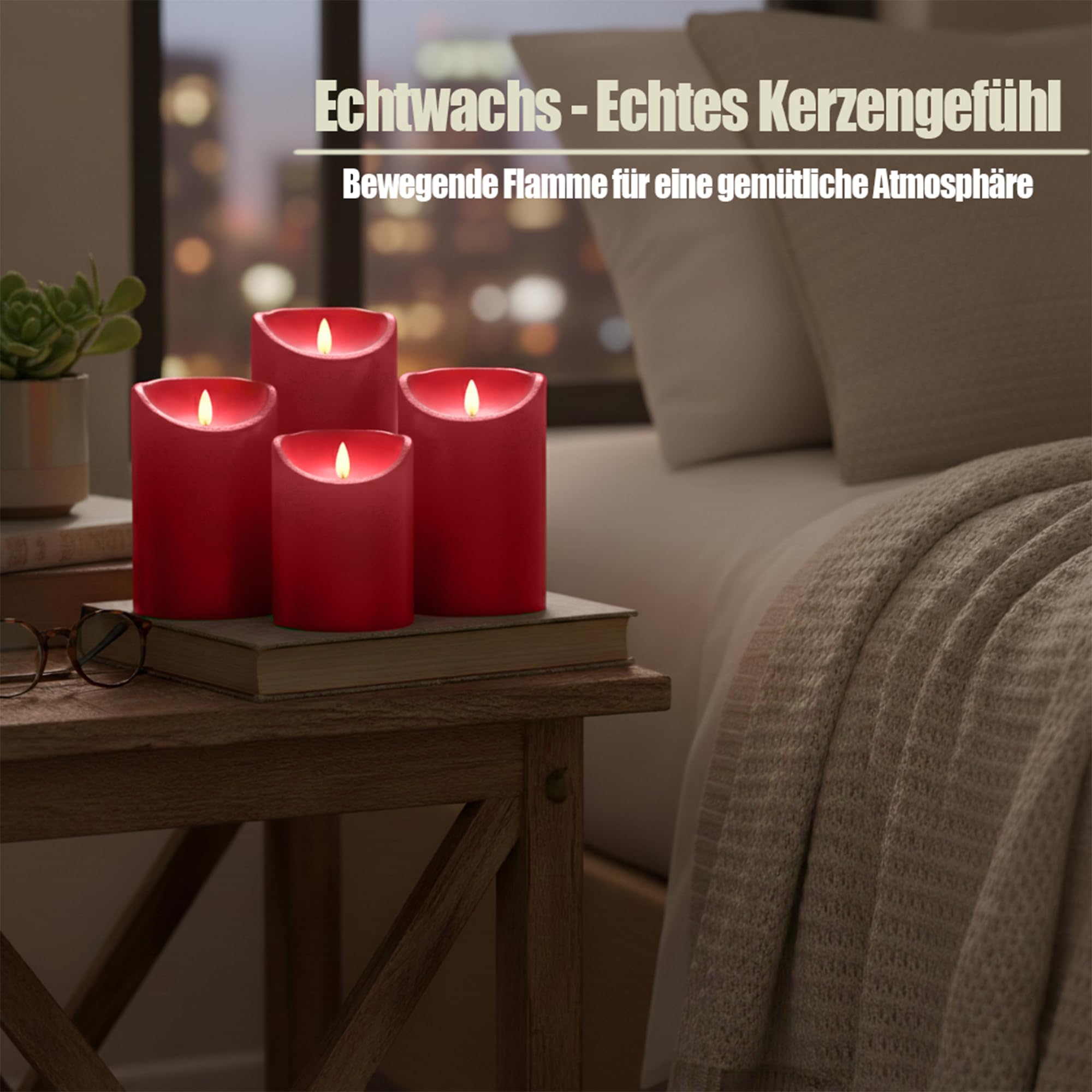 Zestaw 4 świec LED z prawdziwego wosku, migoczący płomień czerwony ø 7,5 cm (10 cm, 12,5 cm, 15 cm, 17,5 cm wysokość) świece LED z pilotem zdalnego sterowania, każda świeca wymaga 3 baterii AAA