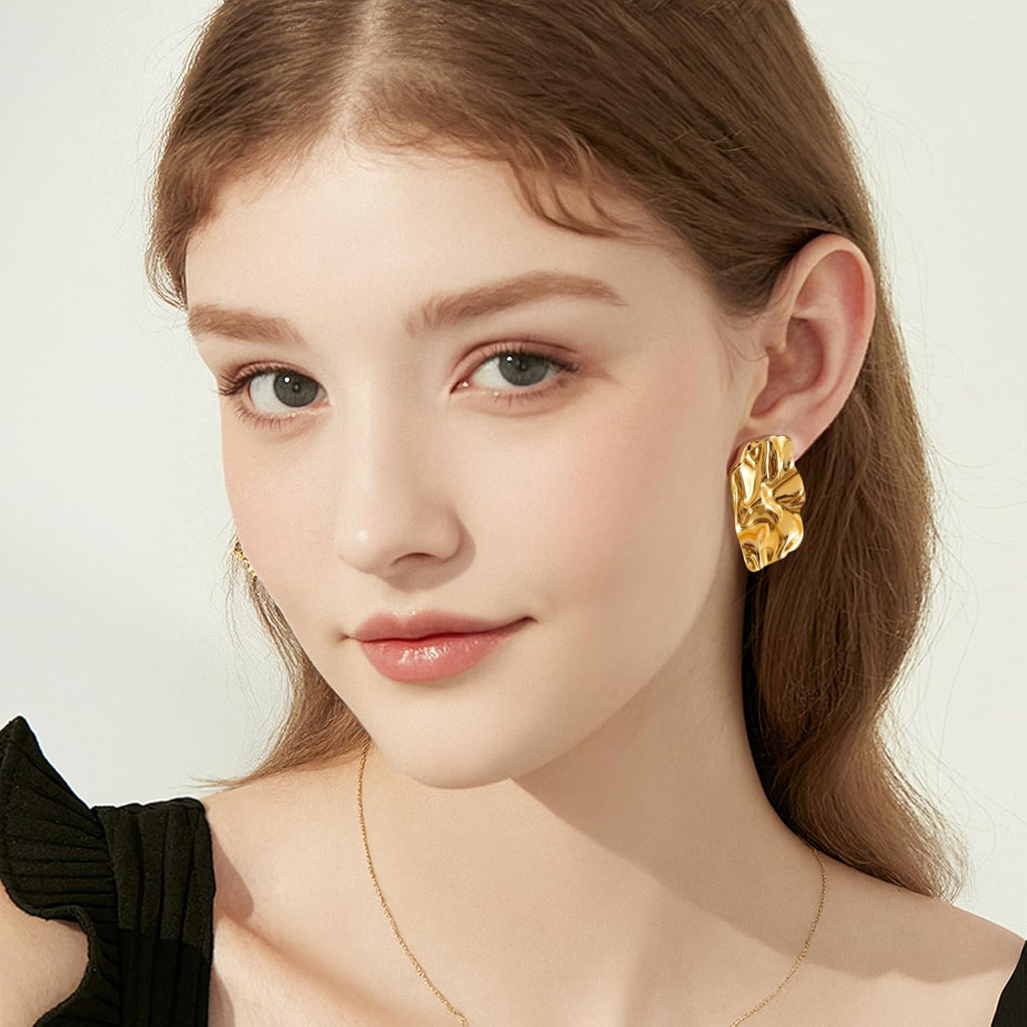 Gold and Silver Earrings for Women, Statement 14k Gold-Planed and Silver Hypoallergenic Earrings, Trendy Hammered asymmetrical and Curved Flowers Jewelry for Women & Gift - Image 4