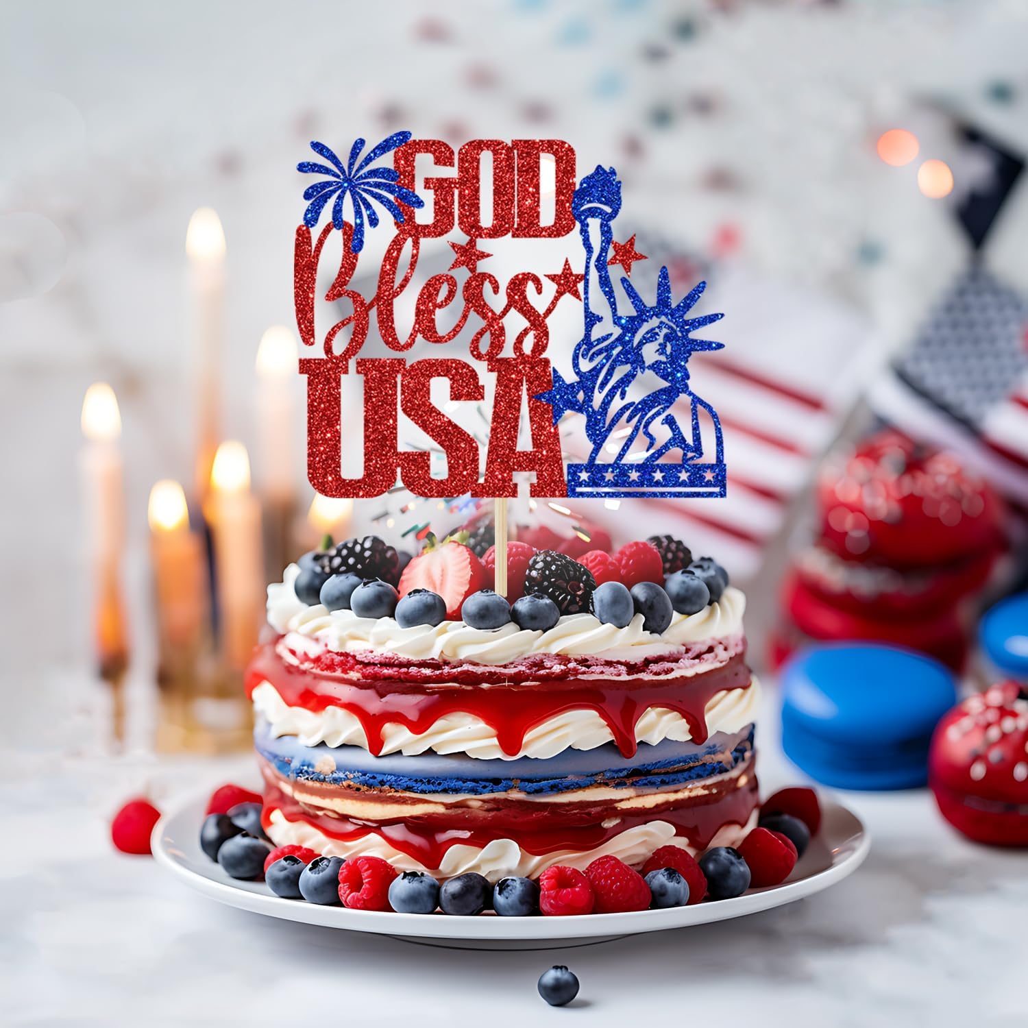 God Bless USA Cake Topper, Patriotic Cake Decorations, Independence Day Party Decor, 4th of July American National Day Party Decorations Glitter thumbnail