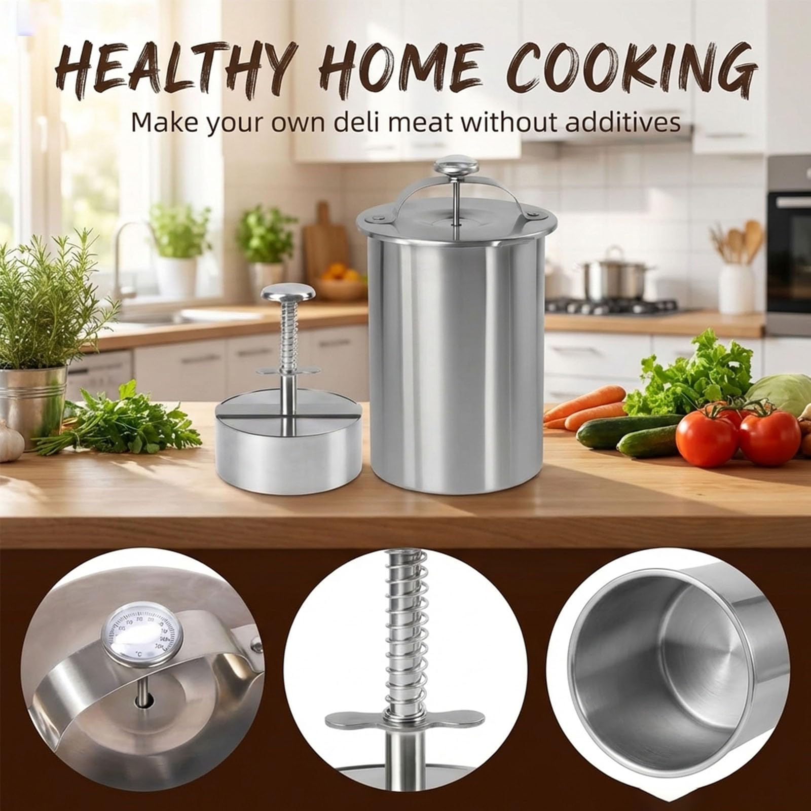 Molde de acero inoxidable para prensa de carne con termómetro y mecanismo de resorte, perfecto para carnes caseras de jamón y almuerzo, ideal para cocinar saludable en casa
