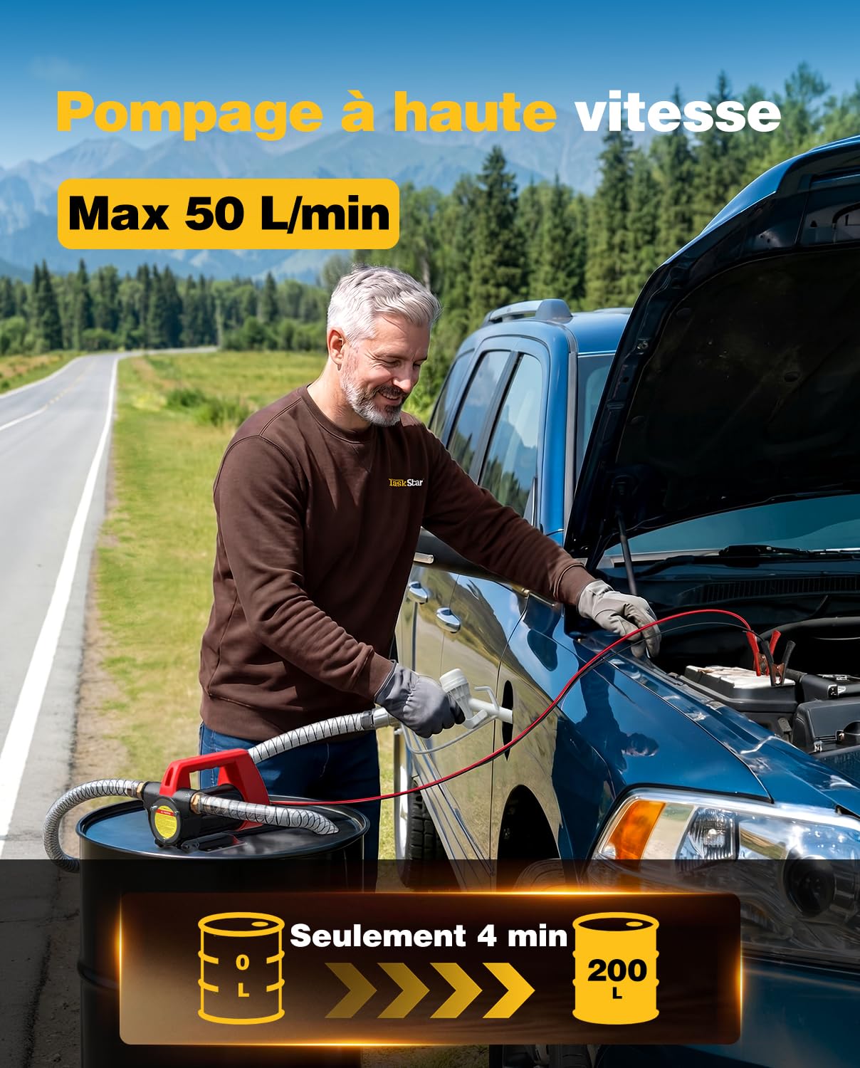 TaskStar Pompe à Gasoil 12V: Débit 50 L/min, Pompe Électrique Portable avec Pistolet, Filtre et Tuyaux pour Diesel, Biodiesel, Kérosène et Fioul – Pour Maison, Ferme et Chantier