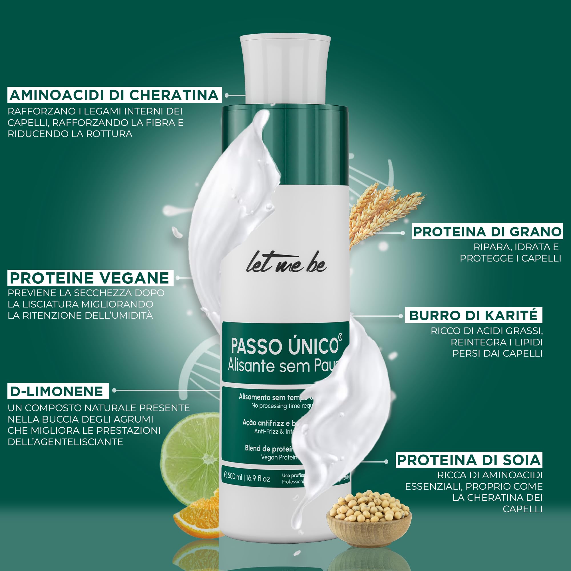 Let Me Be - NUOVA Keratina Lisciante Per Capelli Senza Tempo Di Posa! Prima Stiratura Brasiliana Vegana Istantanea Senza Formaldeide, con Amminoacidi e Proteine Vegetali, Anti Crespo - 1L