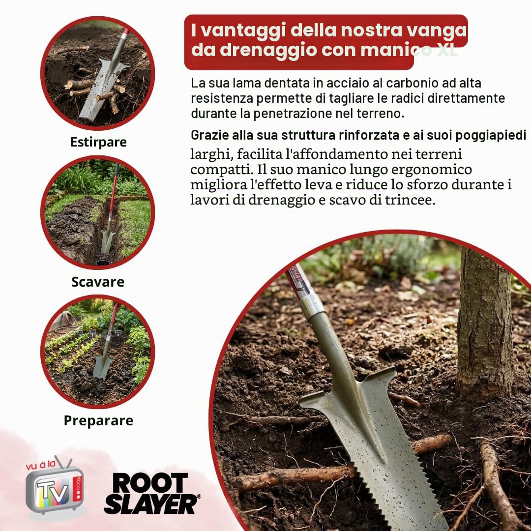 Vanga da drenaggio a manico XL – ROOTSLAYER – Venteo – Lama a V rovesciata – Denti ultra affilati in acciaio al carbonio
