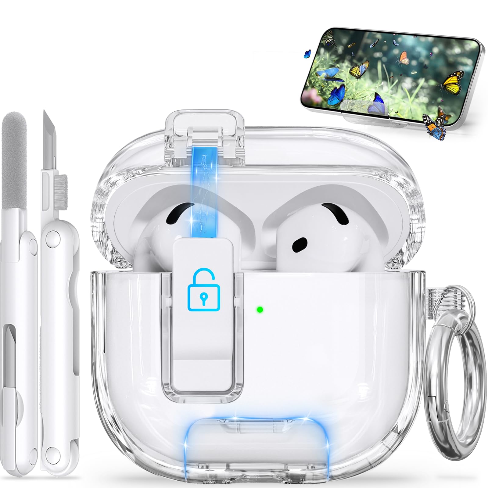 for AirPods 4 Case, Clear AirPod 4 Case Caver with Safety Lock &amp; Phone Stand, Auto-Open Design for Apple AirPods 4th Gen 2024, Anti-Scratch &amp; Shockproof Protective Cover with Cleaner &amp; Keychain