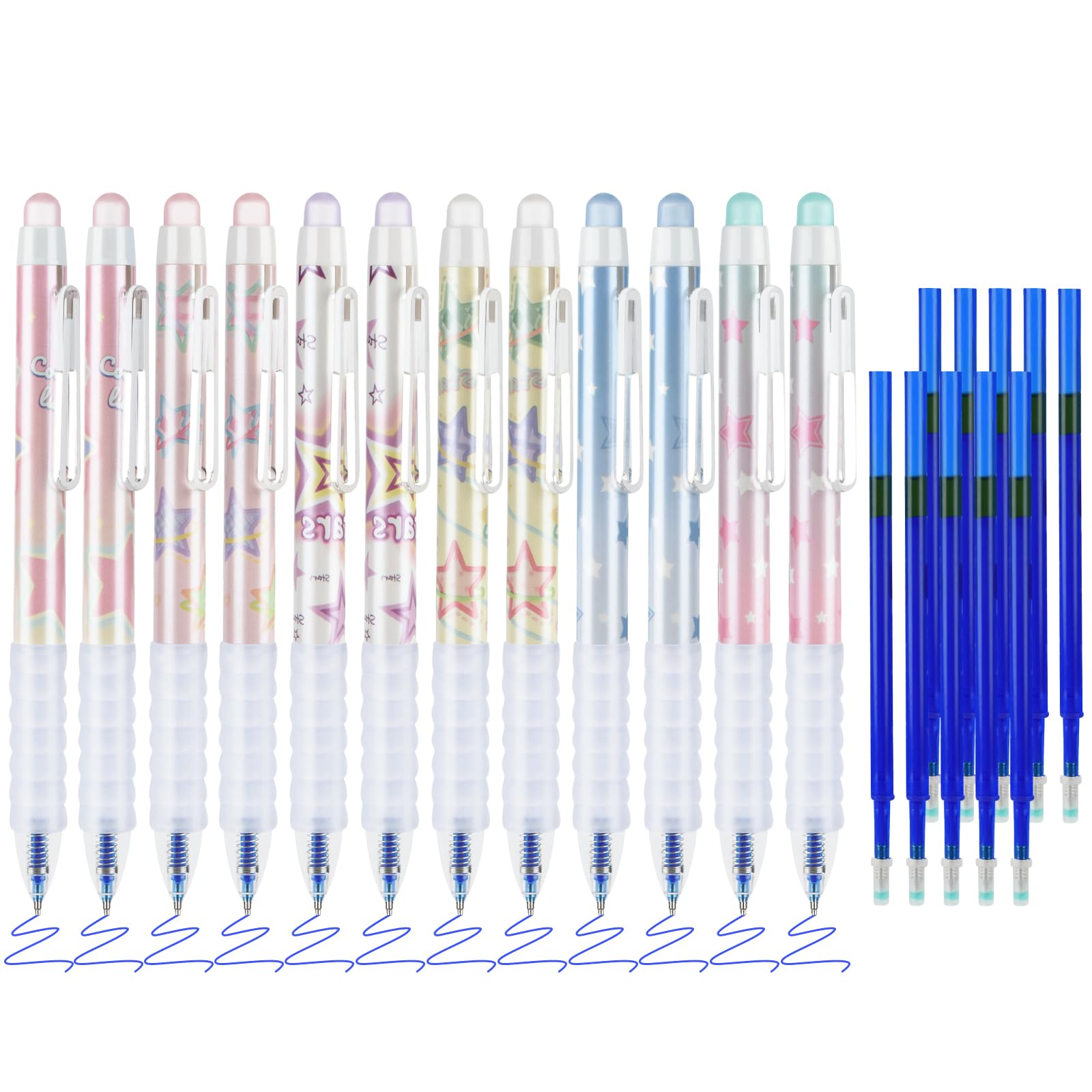BAYTORY Erasable Pens, Retractable Fine Point 0.5mm Gel Pens with Eraser Clear, 12Pcs Blue Ink Pens & 10Pcs Refills, Smooth Writing for Note Taking