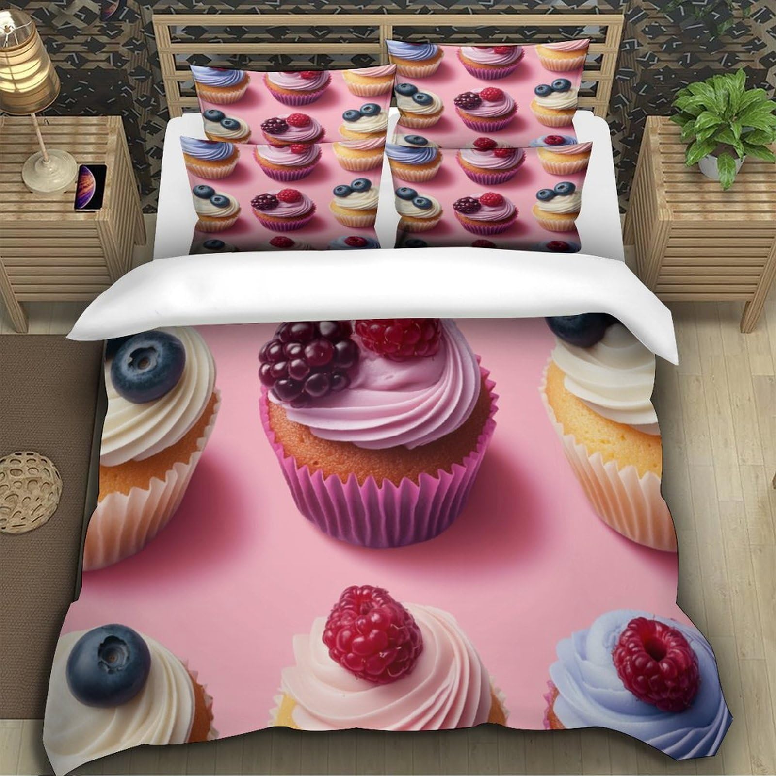 Cupcake ai frutti di bosco Impressione 3D 3 pz cover piumone Dolci prelibatezze da dessert coperteletto microfibra traspirante zip per adolescenti uomini adulti Super king（260x220cm）