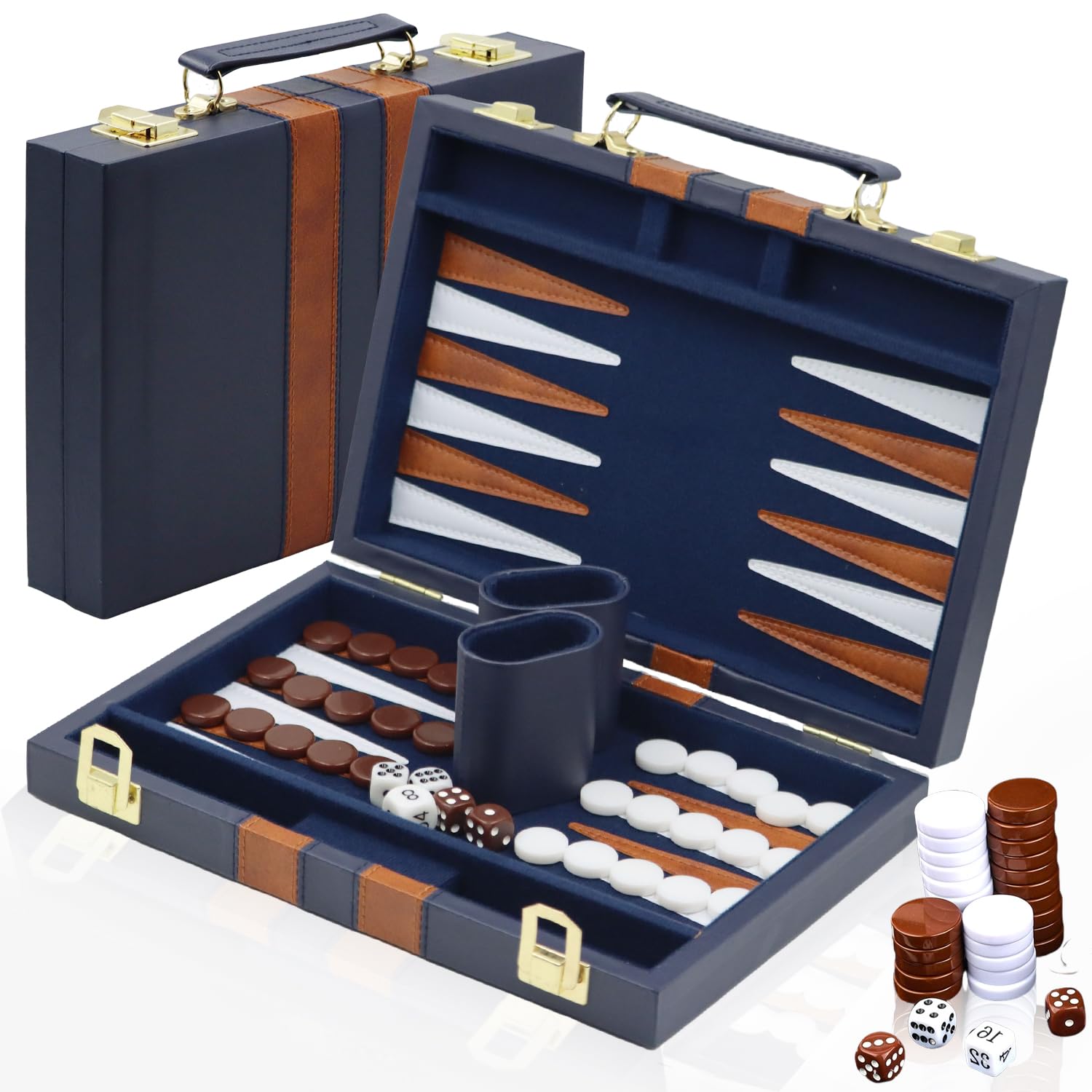 Jeu de Backgammon en Bois avec Étui en Cuir de Qualité Supérieure et Kit de Backgammon de Voyage Portable (Bleu) - Pour 2 Joueurs à partir de 8 ans