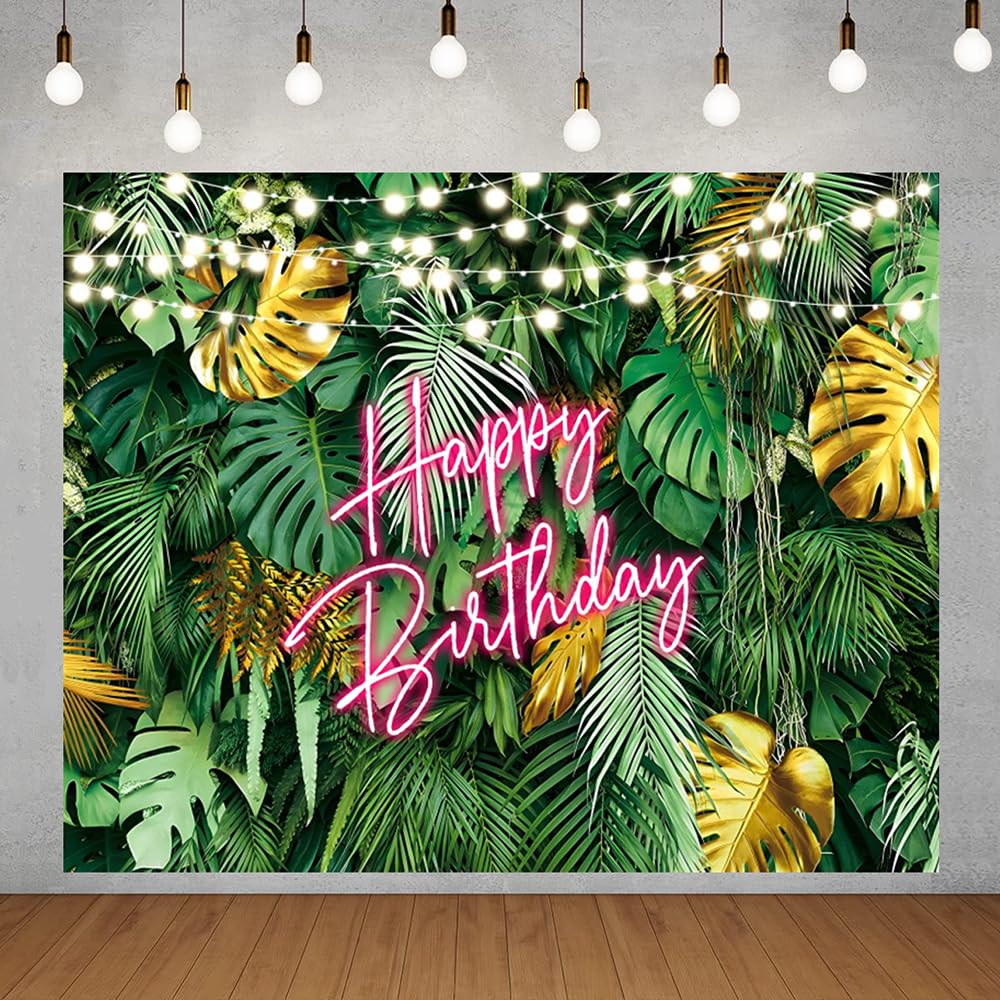 Hawaiian Tropical Palm Leaves Happy Birthday Backdrop 10x8ft Summer Jungle Greenery Leaf Aloha Luau Party Background Tropical Leaves Birthday Banner Decorations Photo Studio Shoot