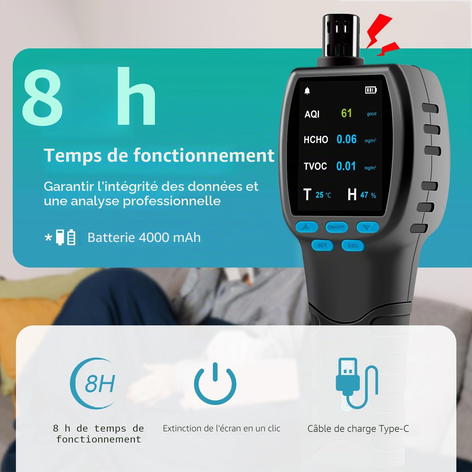 CF‑60 PP Moniteur de qualité de l'air portatif avec Graphiques de données sur l'appareil et rapports exportables, détecteur Portable 16 en 1 pour AQI, CO2, TVOC, HCHO, PM2.5/10/1.0, Pollen