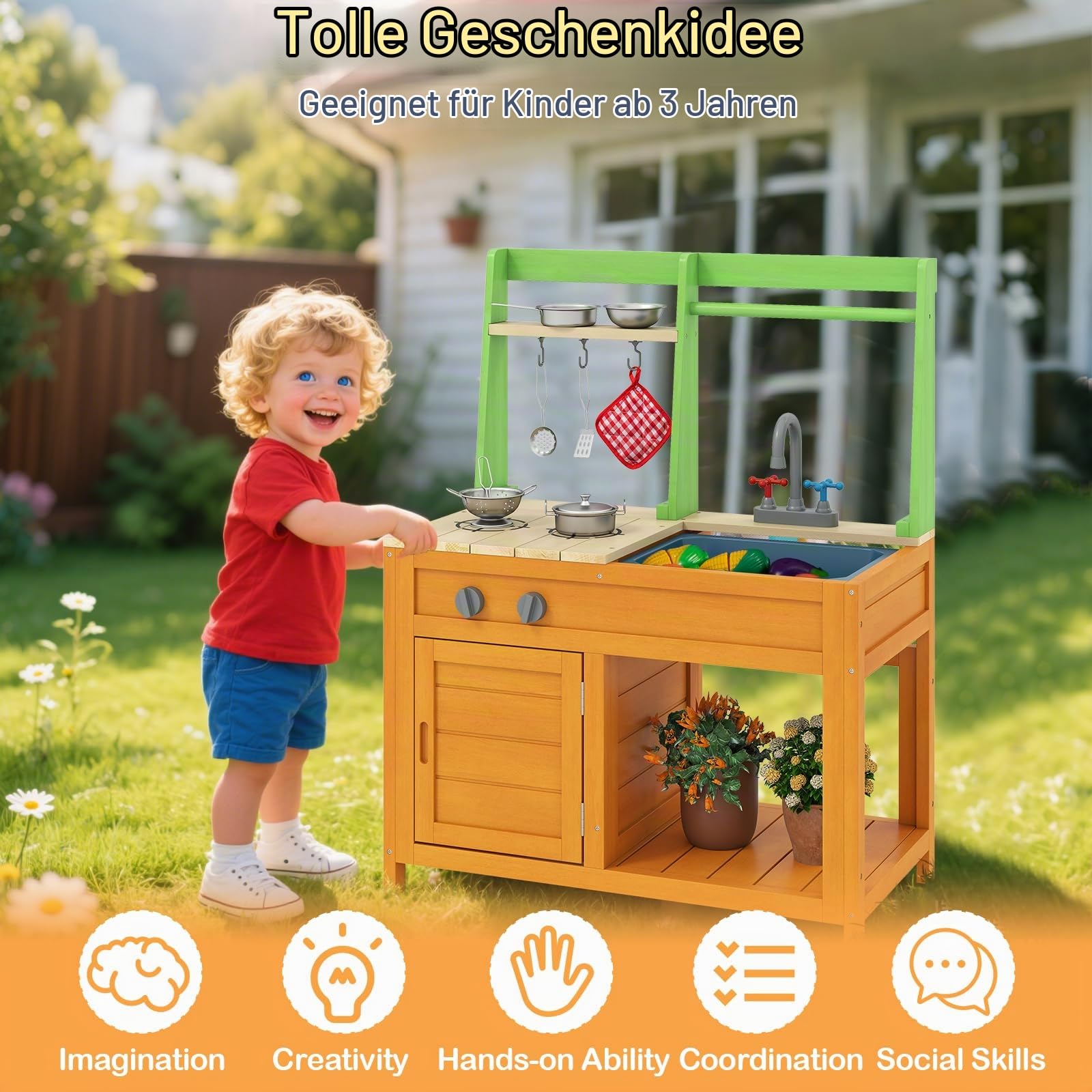 FANTASK Matschküche Holz Outdoor, Spielküche mit Zubehör, Kinderküche mit realistischen Herden & Wasserhahn & Spüle & Ofen, Gartenküche für Kinder ab 3 Jahren
