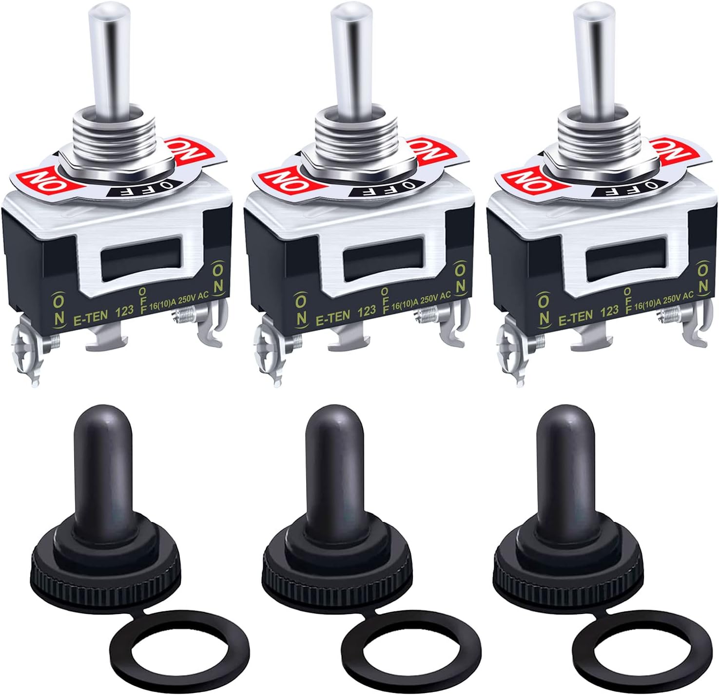 Twidec/3Pcs Heavy Duty Rocker Momentary Toggle Switch 16A 250V AC SPDT 3 Position 3 Pin (ON)-Off-(ON) Switch with Metal Bat Waterproof Boot Cap Cover Ten-123-B123