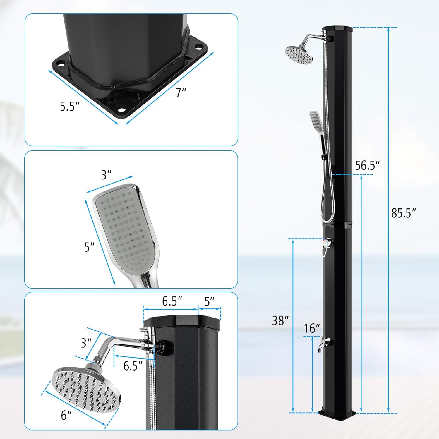 Diagram showing the dimensions of the Goplus solar shower, including overall height of 85.5 inches, base dimensions, and shower head/handheld shower dimensions.