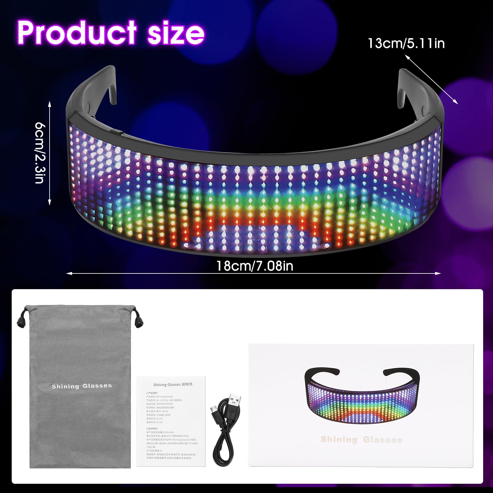 Gugxiom Divertidas gafas LED, gafas de fiesta LED, control de aplicaciones, imagen DIY, decoración luminosa recargable por USB, gafas luminosas únicas para danza de barba, fiesta de Halloween