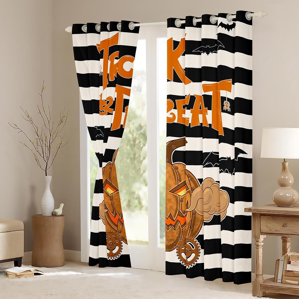 Homewish Halloween Dekor Verdunkelungs vorhänge Kürbis Laternen Vorhänge für Zimmer,Schwarz und Weiß Streifen Vorhänge 140Bx245L 2 Panels,Gotische Gespenstische Fledermaus Fenster Vorhänge