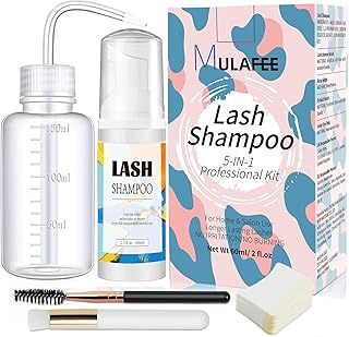 MULAFEE Eyelash Extension Cleanser, Lash Extension Shampoo Kit, Oils, Paraben & Sulfate Free Foaming 60 ML Eyelash Shampoo with Rinse Bottle and Soft Brush Safe for Salon Use and Home Care