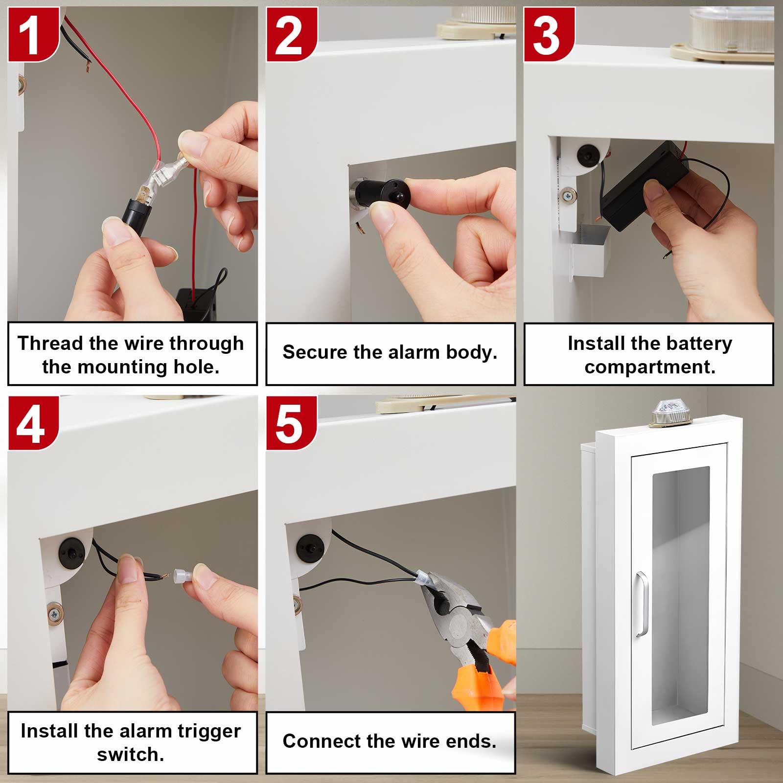 Zonon Extintor empotrado con alarma, caja de seguridad de acero blanco montada en la pared, puerta magnética y ventana transparente para extintor químico seco de 10 libras (borde ancho)