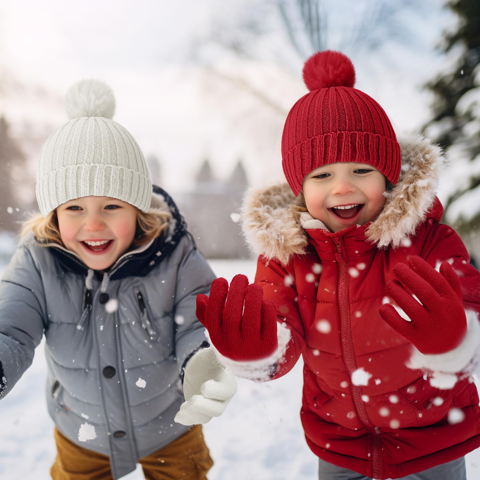 JaGely 20-teiliges Kinder-Mützen- und Handschuh-Set, warme Wintermütze und Handschuhe, Unisex, Strickmütze mit Pompon, volle Finger, gestrickte Skihandschuhe für Jungen und Mädchen, Geschenk, bunt,