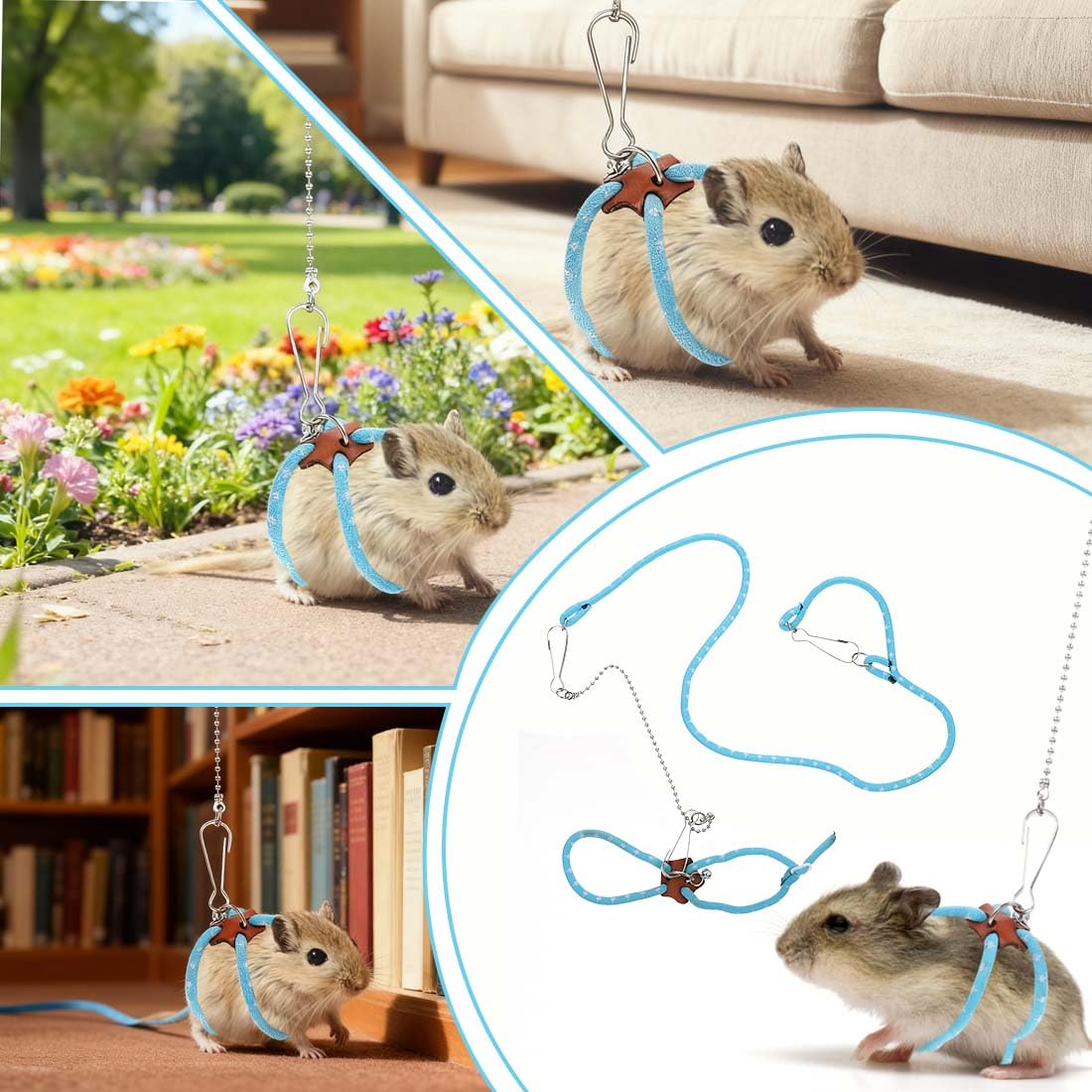 Laisses pour Petits Animaux, Harnais Réglable Bleu pour Souris Rat Hamster, Corde De Promenade Sécurisée Taille Standard, Accessoire Extérieur 1 Pièce