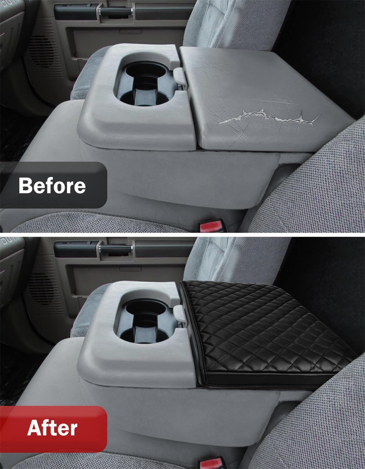 KBH Center Console Armrest Cover for Ford F250 F350 F450 1999-2010 & F550 2001-2005, Jump Seat Console, Middle Console Arm Rest Lid Covering Protector, Interior Accessories, Vinyl Leather, Black