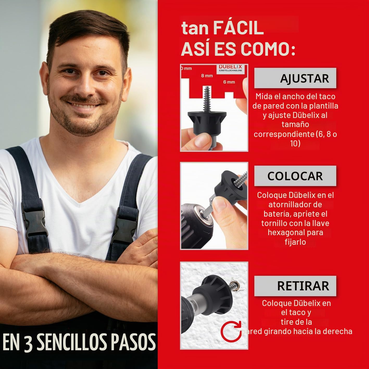 Inserto para la eliminación de tacos, elimina sin residuos ni daños a la pared! Adecuado para cualquier destornillador a batería común. Se aplica fácilmente