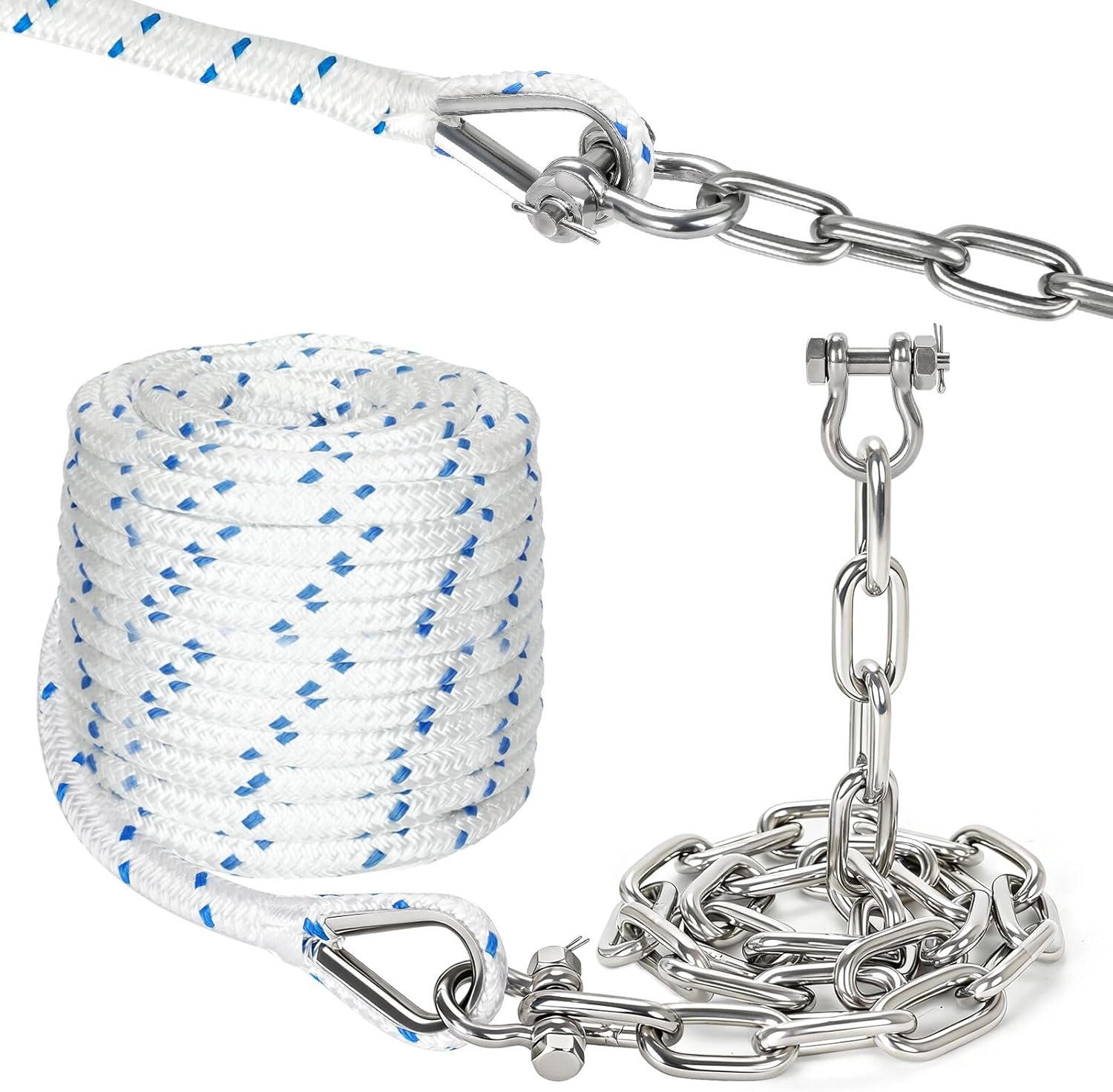 Boat Anchor Chain and Rope Kit 3/8" Boat Anchor Rope 50 ft with 316 Stainless Steel 3/16" Anchor Chain 4 ft, Anti-Off Shackles & Spliced Thimble for Mooring,Docking,Fishing,Boats Pontoon,Deck