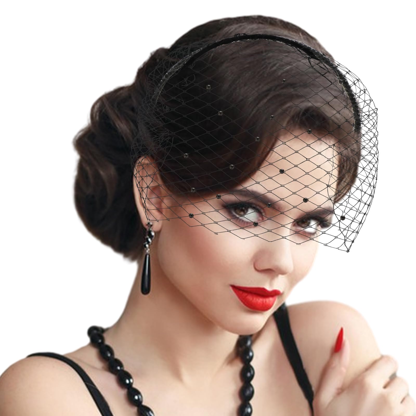 GEEHUA Halloween Veil Headband, Fascinator Women's Black Mesh Birdcage Vintage Lace Headpiece in 1920s Style Halloween Accessories