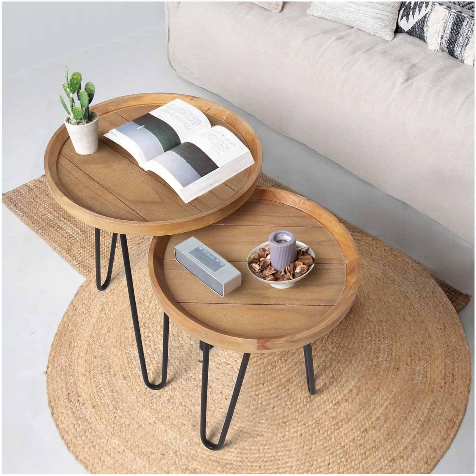SXZenSpace Nesting Tables for Living Room, Round Coffee Table, Farmhouse End Room Set of 2, Wood Side 2 Sofa, Bedroom