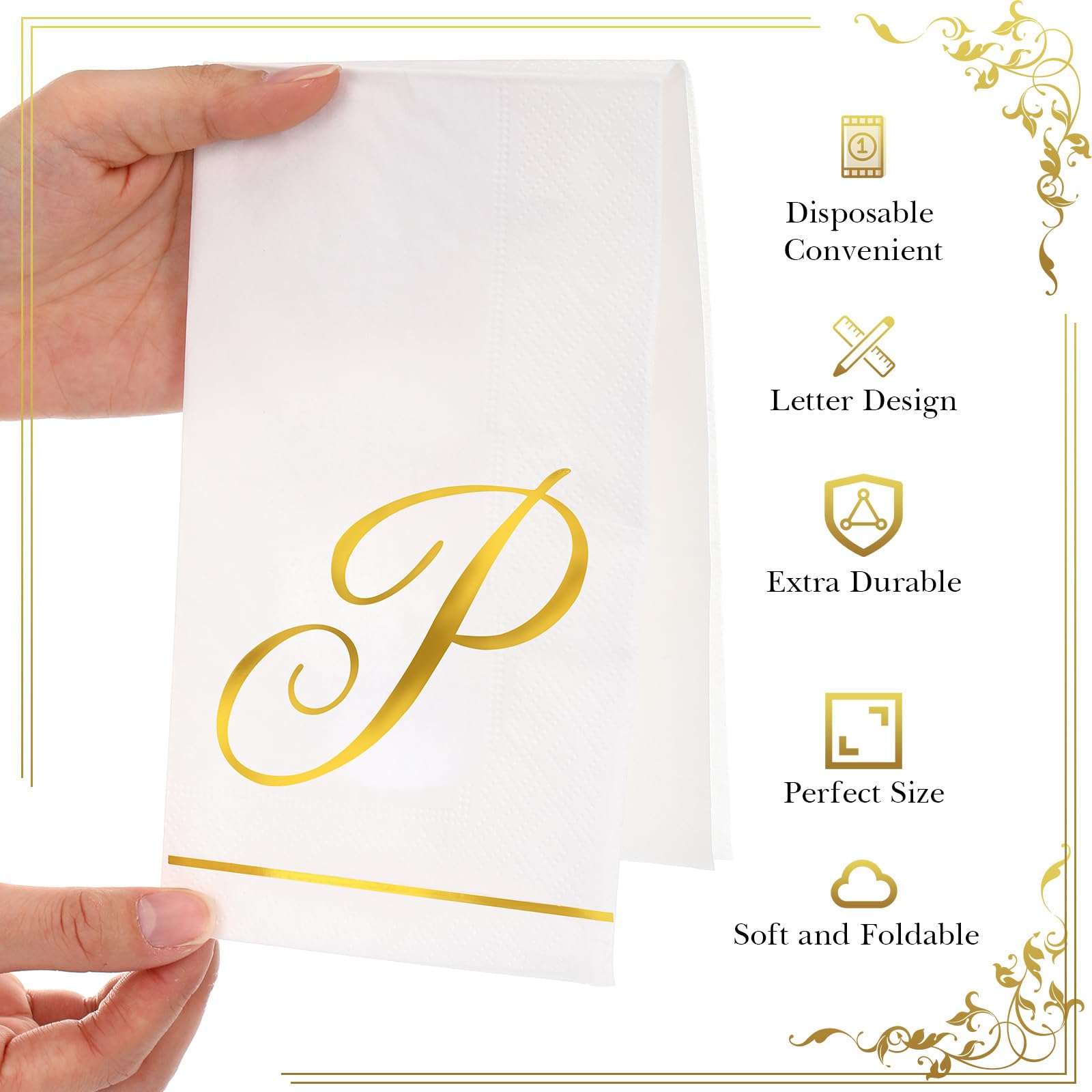 Pasimy 200 servilletas con inicial, servilletas de papel con monograma dorado, desechables, elegantes, para bodas, despedidas de soltera, vacaciones, fiestas de cumpleaños, decoración de vajilla