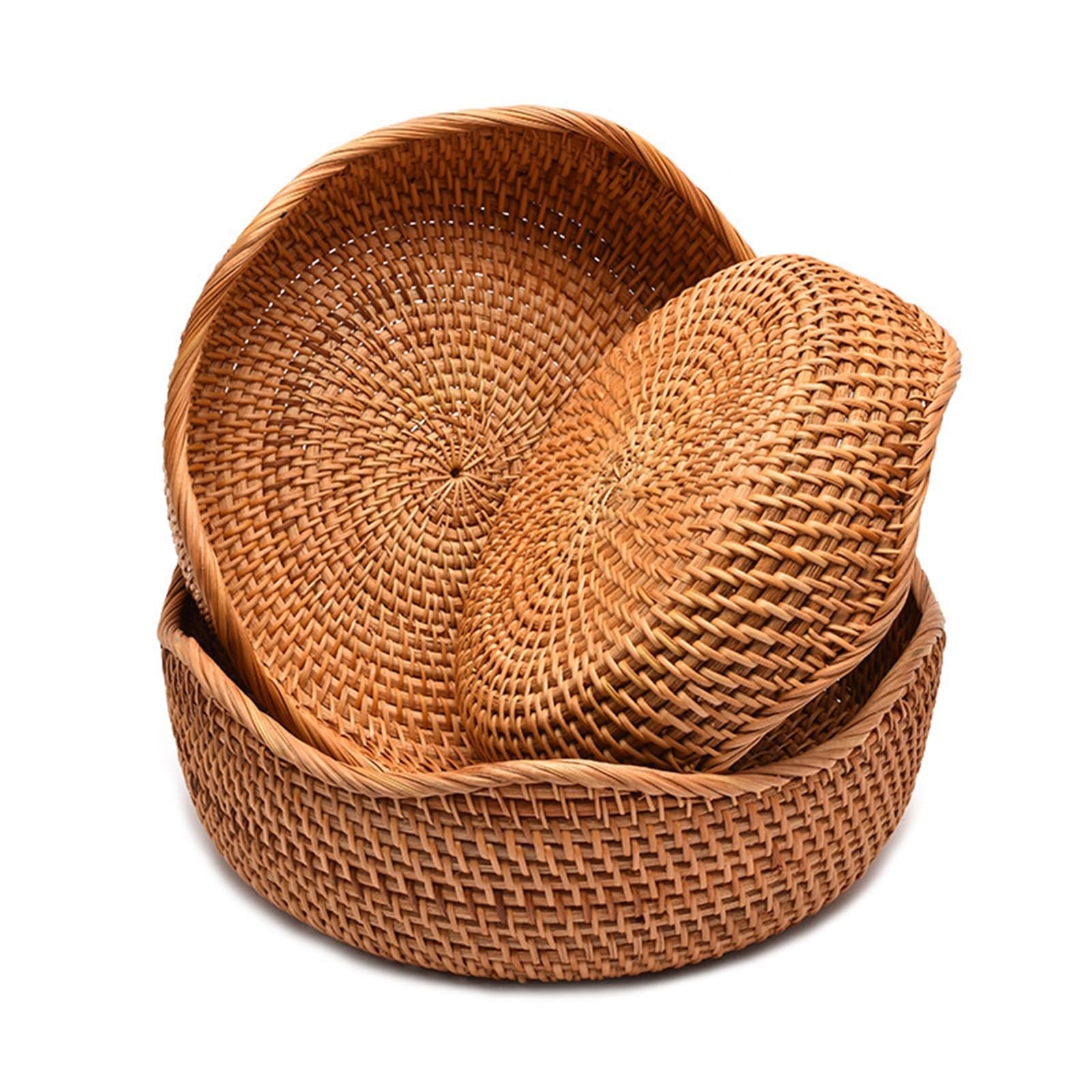 Round Rattan Woven Basket, Wicker Fruit Basket, Bread Food, Kitchen Home Decor, Organizer Breadbasket for Kitchen pour l'organisation de la Maison(Size 3)