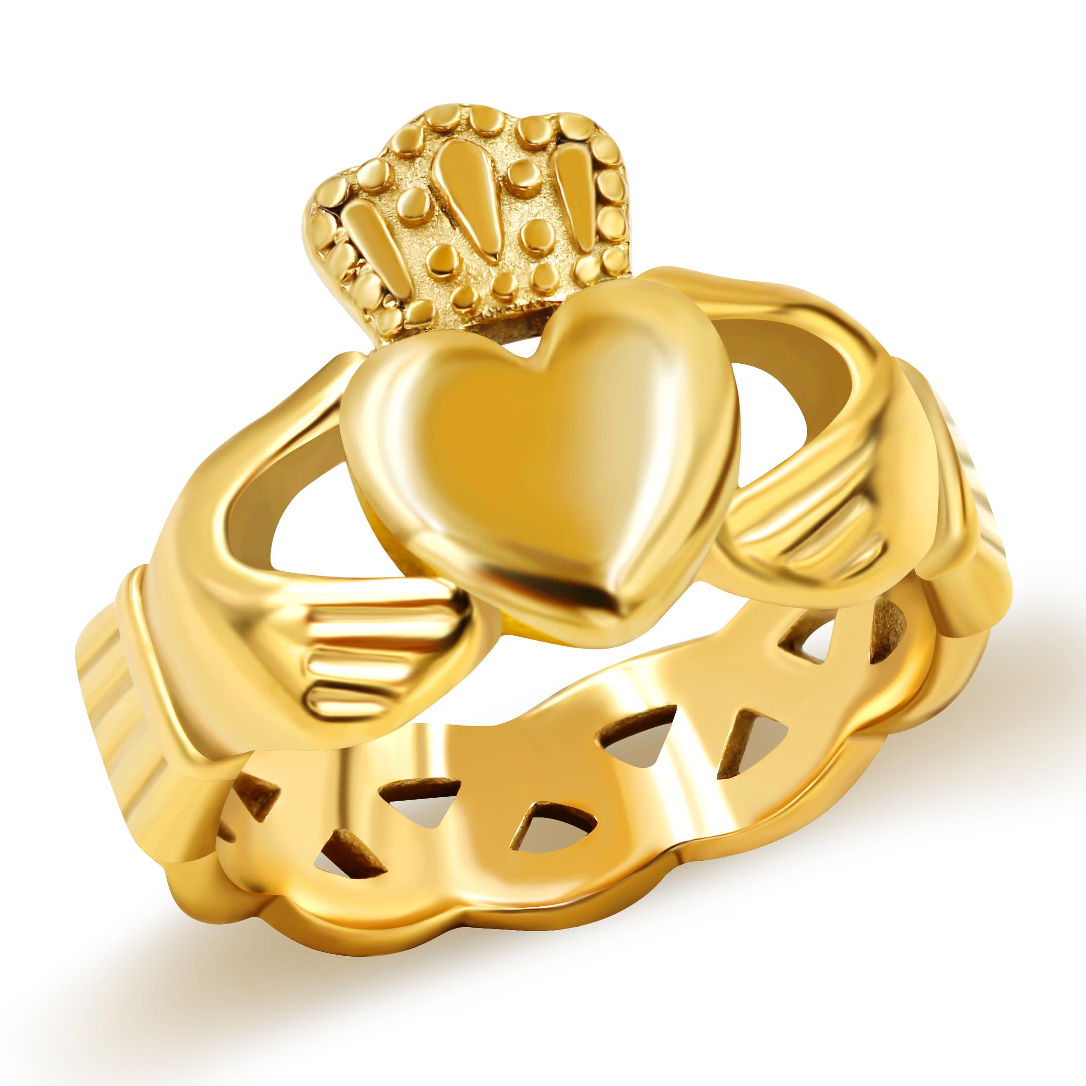 UloveidoGold Plated Hand Heart Irish Claddagh Ring Love Loyalty Celtic Knot Rings Stainless Steel Wedding Bands