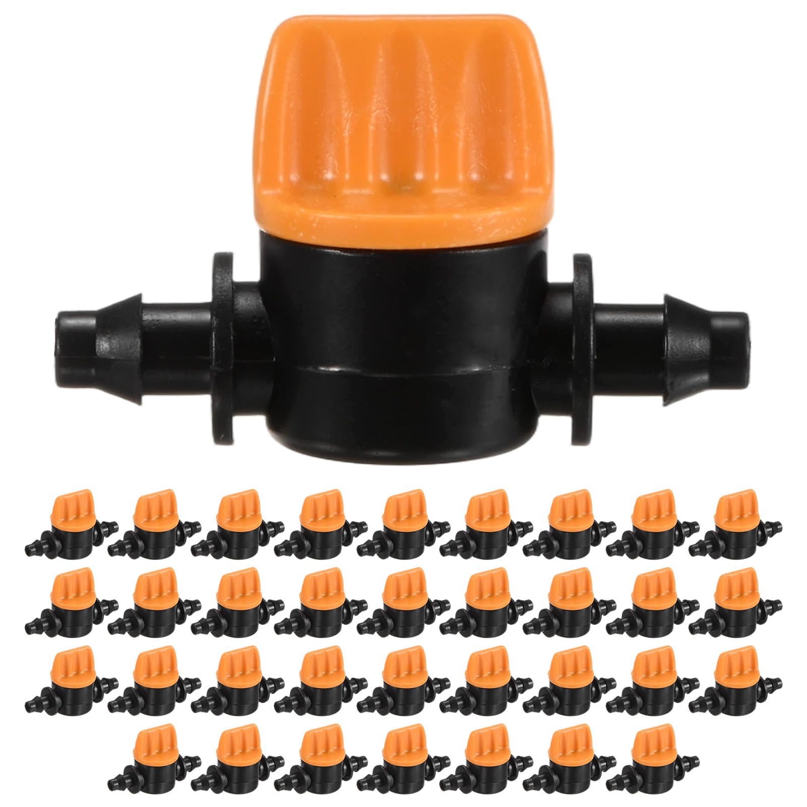 M METERXITY 35-Pack Drip Irrigation Shut Off Valves, 1/4 Inch Plastic Barbed Flow Control Valves for Drip Tubing/Garden Irrigation System/Lawn and Greenhouse Watering [Black/Orange]