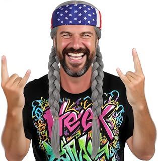 Braided Hippie Wig 【+Hair Cap + Bandana】 Long Silver Braided Pigtail Wigs Country Hair with Braids for Men American 4th of July Wig with American Flag for Halloween Christmas Costume