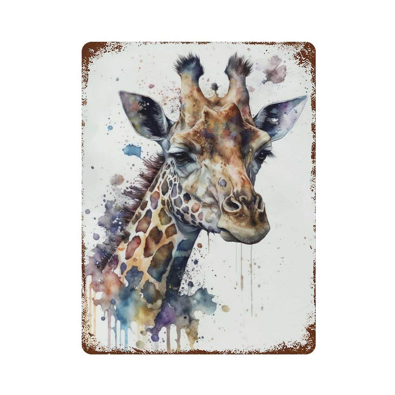 Distressed Metal Wall Sign with Giraffe Watercolor Design 15.7"x11.8", for Living Room, Hallway And Home Decor, Vintage Wall Decor