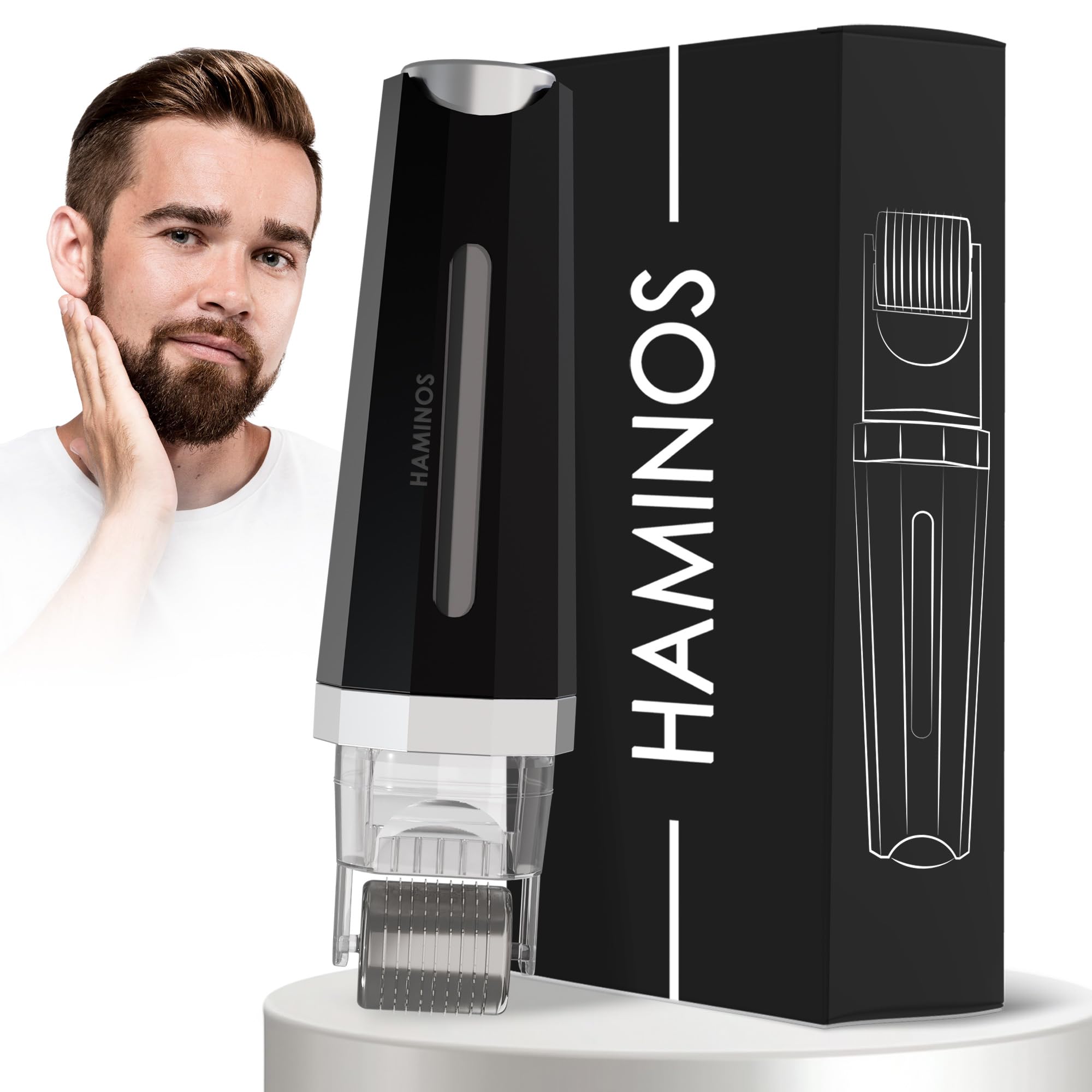HAMINOS Derma roller 1 mm 3.0 con Depósito para Cabello, Barba, Piel, Arrugas, Estrías, Hiperpigmentación APLICACIÓN INSTANTÁNEA DEL SÉRUM, 520 Agujas de Titanio