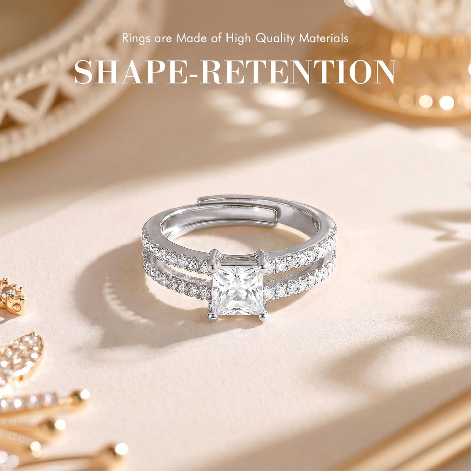 SAVORI Adjustable 14K Gold Plated Princess Cut CZ Double-Band Ring for Women, 925 Sterling Silver Engagement-Style Statement Ring with Pave CZ Accents, Hypoallergenic Bridal Jewelry Gifts