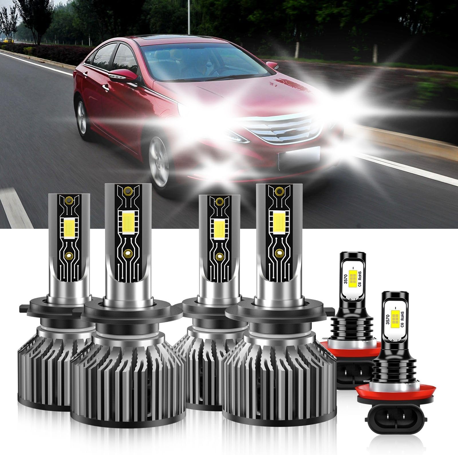 Compatible For Hyundai Sonata 2011-2014 H7 H7 High/Low Beam H11 Fog Light Bulbs, 600% Brightness 6500K White with Cooling Fan, Plug and Play, IP68 Pack of 6