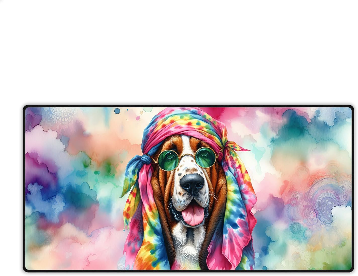 Hippie Basset Hound Portrait Watercolor Tie-Dye Vintage Styles Desk Mat Full Keyboard Mouse Pad Bassets Dog Breed Lovers Gifts Idea Large Mousepad - 014