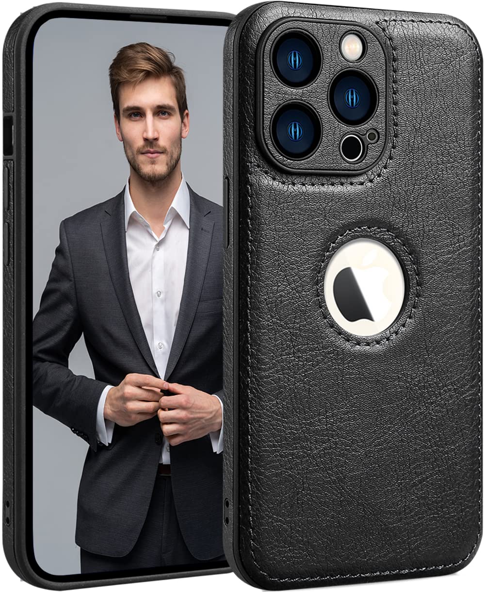 PU Leather Case for iPhone 14 Pro Max,Full Camera Lens Protection Cover,PU Leather Slim Luxury Business Non-Slip Grip Rugged Shockproof Full Body Protective Case for iPhone 14 Pro Max(Black)