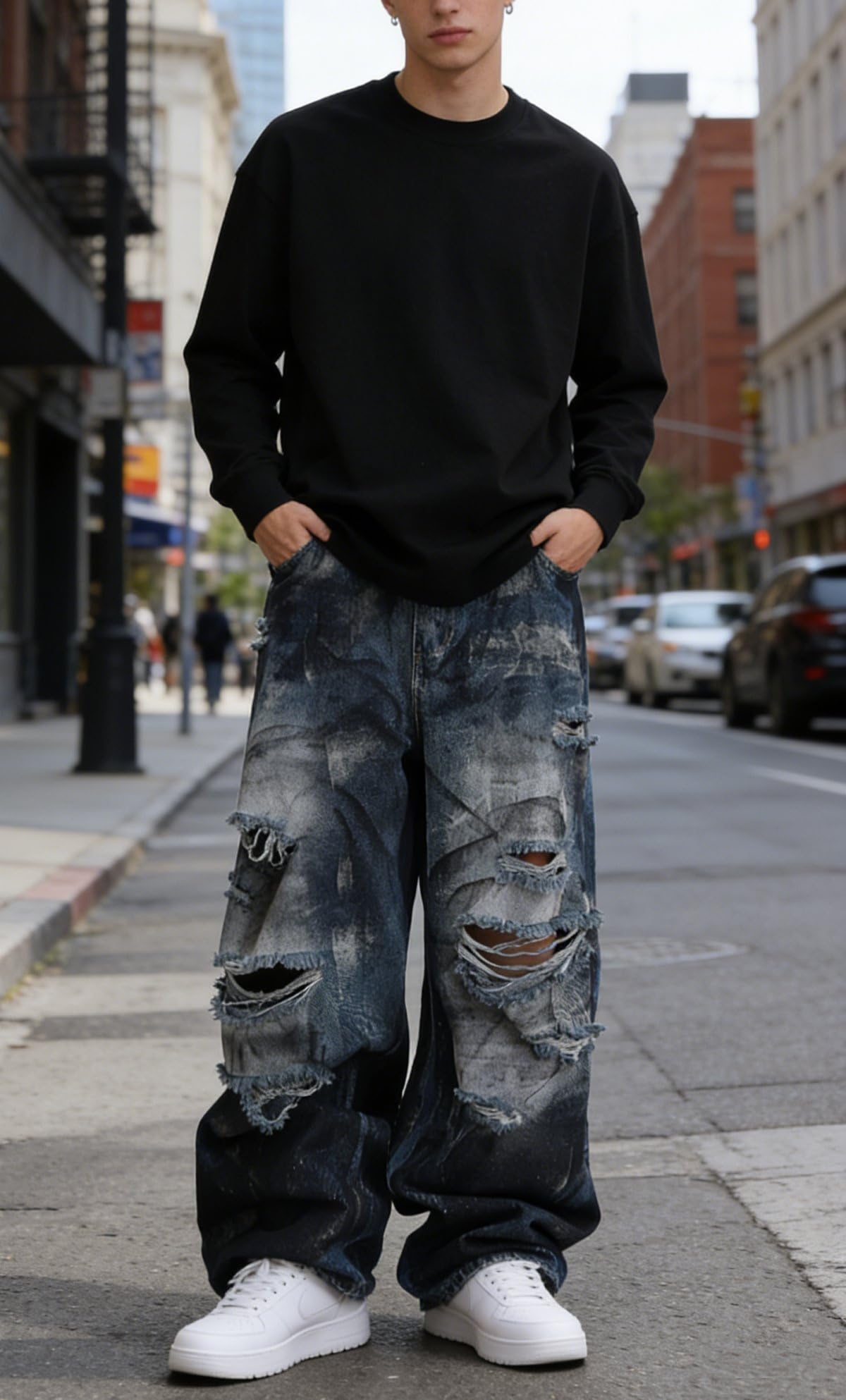 Jeans larghi unisex Y2K a gamba larga per uomo donna - Pantaloni streetwear in denim vintage lavato strappato