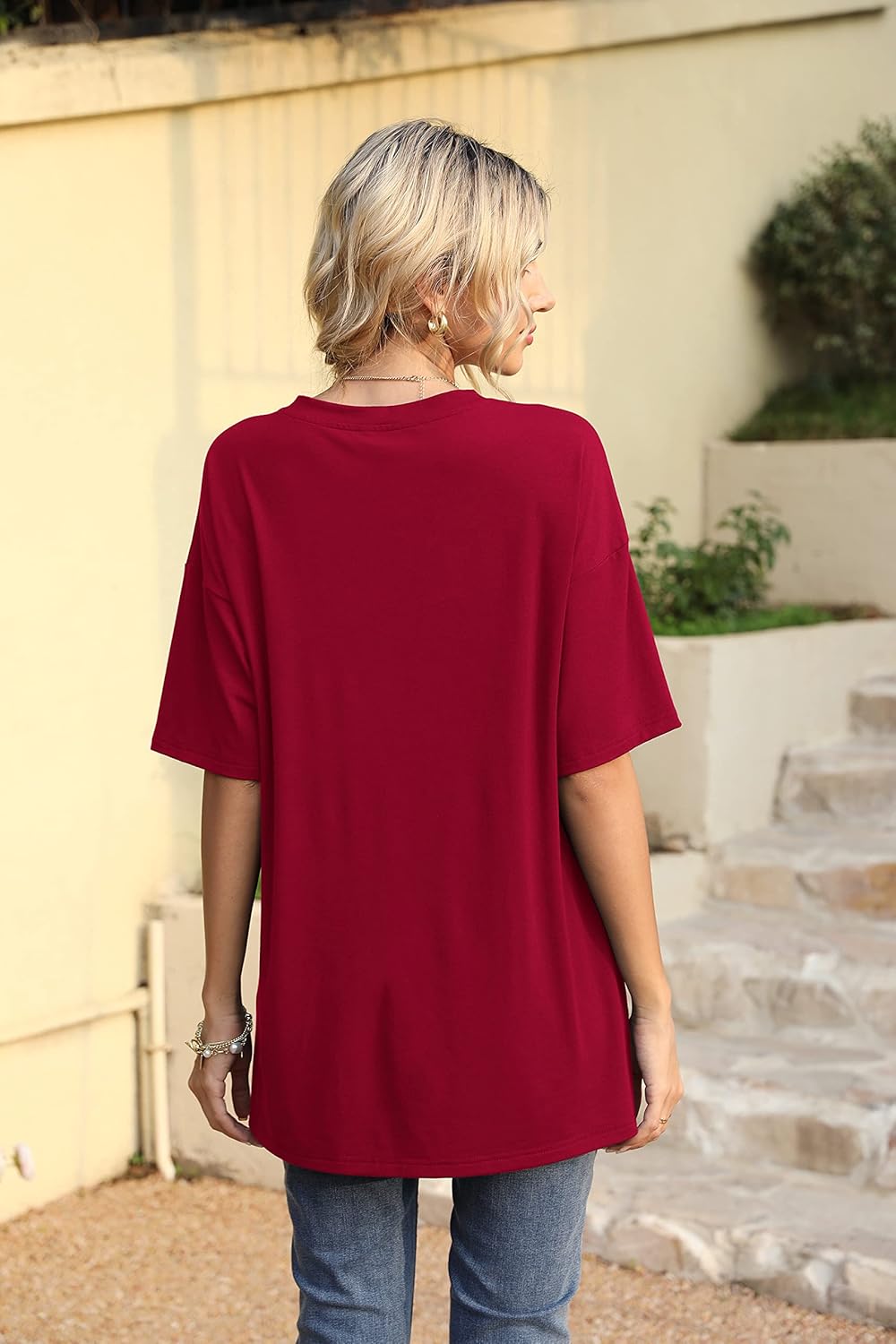 Iandroiy Womens Short Sleeve Tops Dolman V Neck T-Shirts Summer Casual Tunic Tops - Image 2