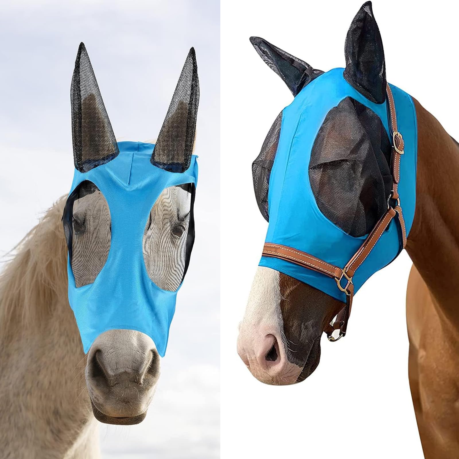 Máscara de Mosca de Caballo, Máscara Antimoscas para Caballo, Máscara de Mosca con Malla Transpirable, Anti-UV, Antimosquitos, Insectos, Máscara de Freno Elástica (Azul)