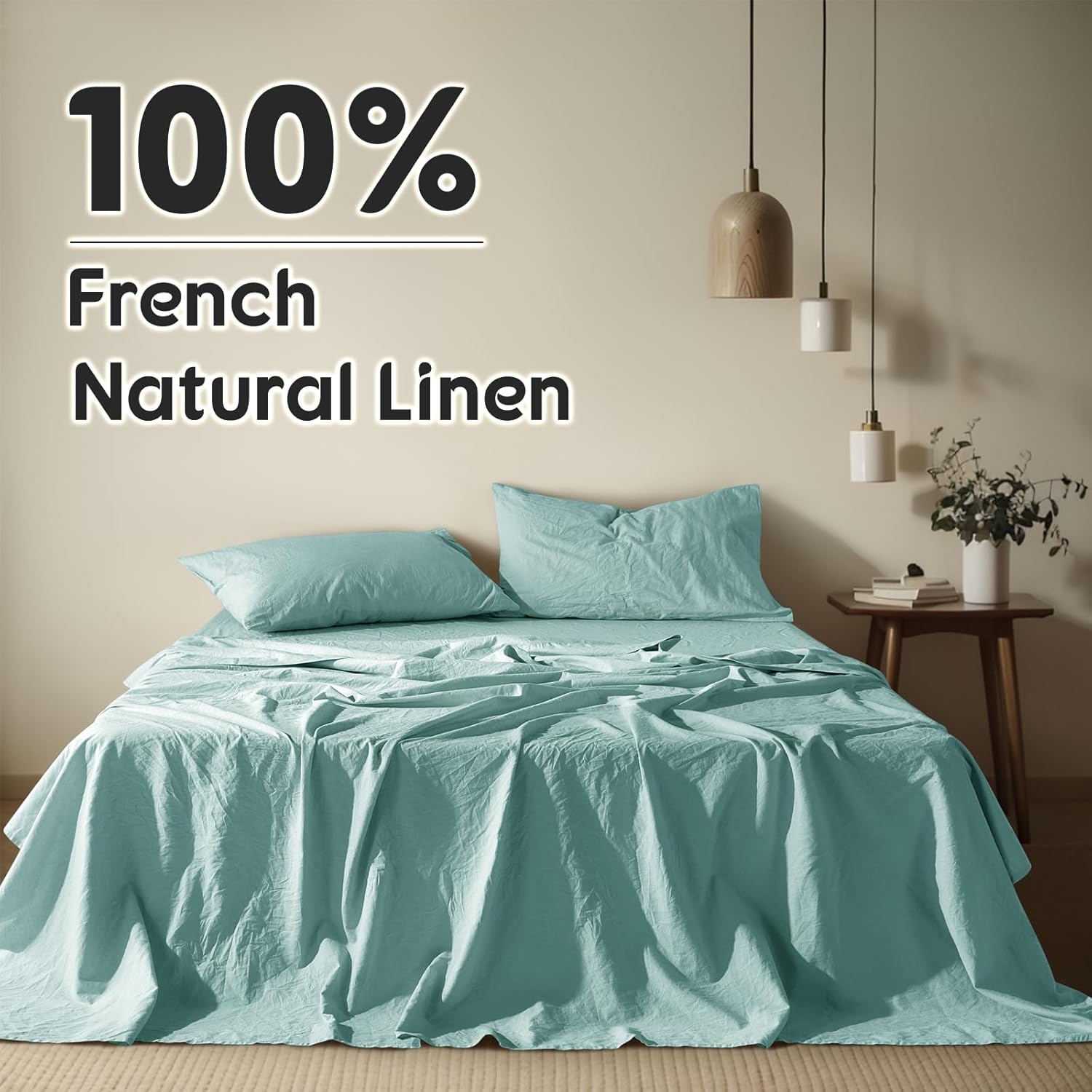 Shilucheng 100% French Linen Sheets - King Size Bed Sheets, Breathable & Cooling Pure Linen Sheets,Soft Durable and Tear Resistant -16 Inch Deep Pocket - 4Pcs (Aqua, King) - Image 2