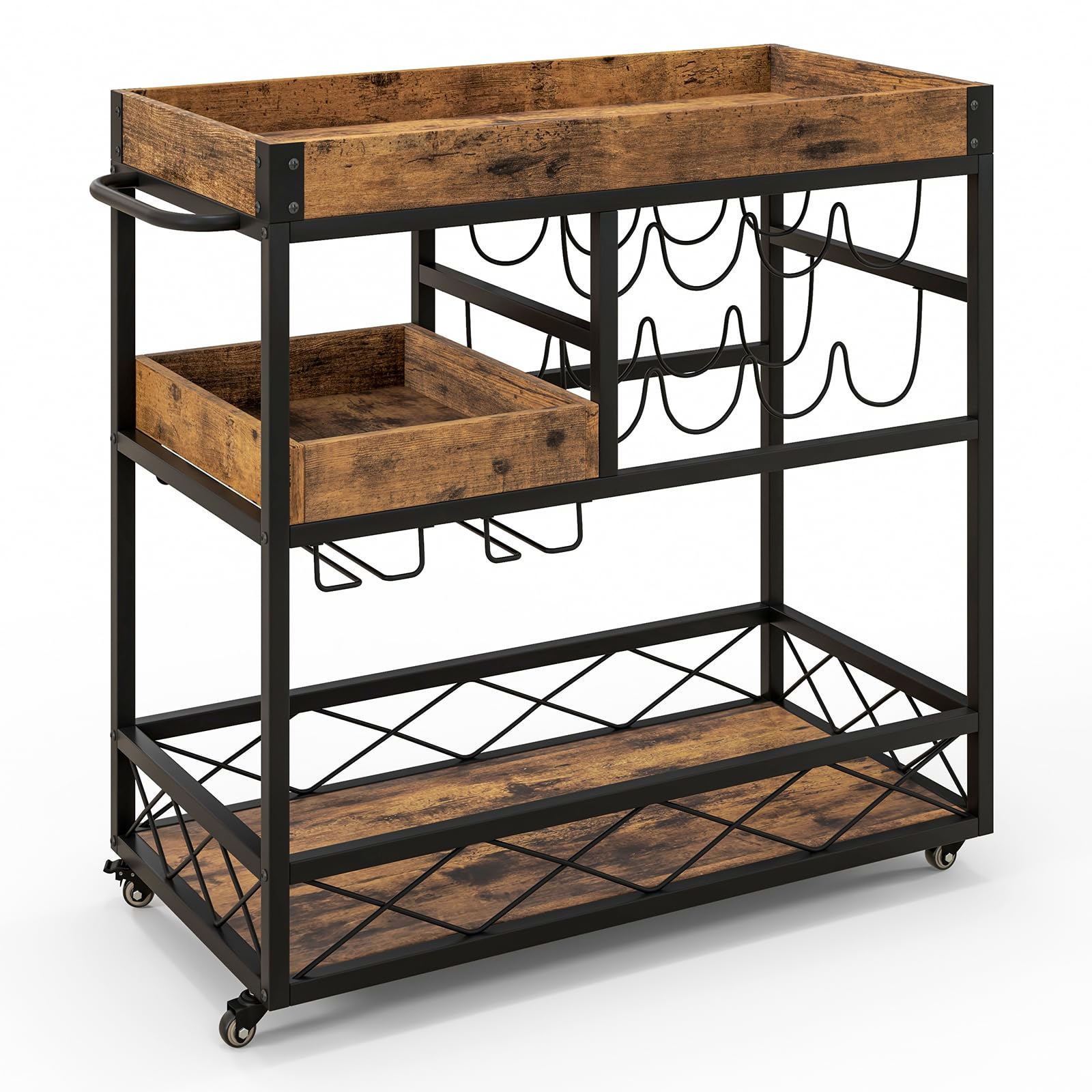 TANGZON 3-Tier Serving Cart, Rolling Drinks Trolley with Removable Tray, Wine Rack, Glass Holder & Lockable Wheels, Home Bar Utility Storage Shelves Organiser (with Removable Top Tray, 80x40x83cm)