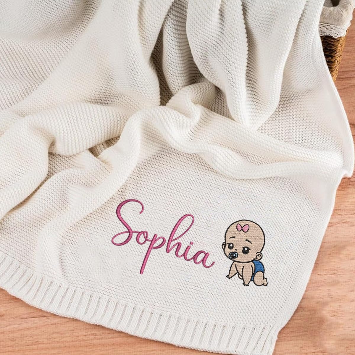 BFBZYME Personalised Knitted Cotton Baby Blanket Embroidered With Name & Patterns, 30x40 Inches, Soft Customised Honeycomb Blankets For Newborn, Keepsake For Boys And Girls
