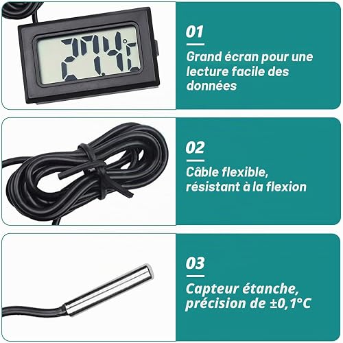 Set of 4 Thermometer with Sensor, Mini Fridge Thermometer, Precise Temperature Monitoring with External Probe, Ideal for Fridges, Freezers and Aquariums, Temperature Range -50 to +110 °C - 3