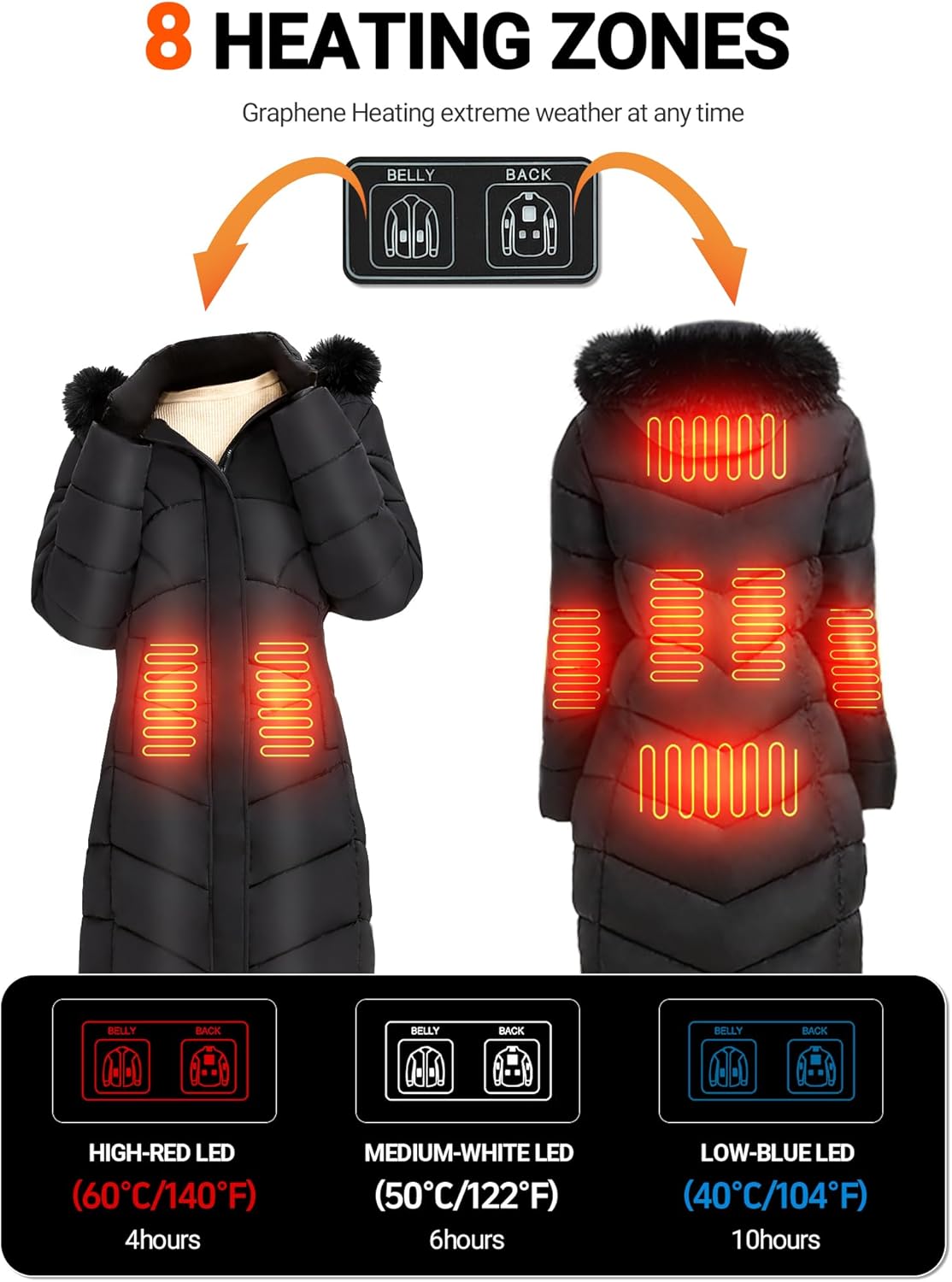 Graphene Women's Heated Jacket, Long Heated Coats for Women with Battery Pack 8 Heating Zones for Winter Outdoor - Image 3