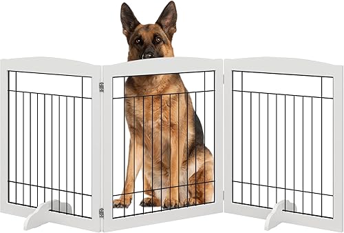 4NM Puerta plegable de madera para perros de 72 pulgadas extra ancha y 30 pulgadas de alto, puerta de alambre independiente para mascotas, puerta de